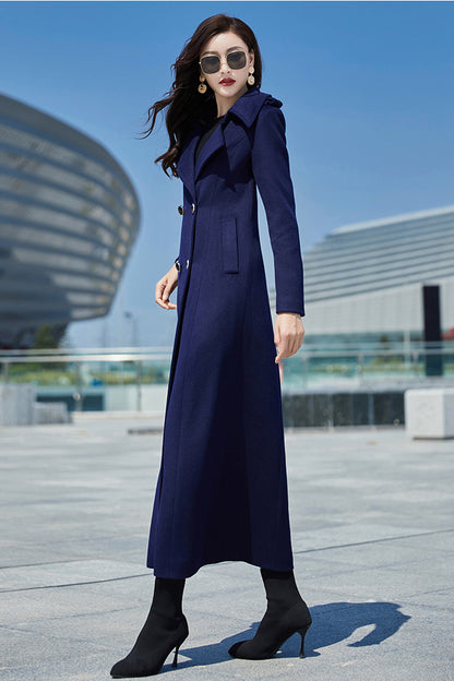Navy Blue Wool Coat – Long Double Breasted Fit & Flare Winter Overcoat | Xiaolizi 3979