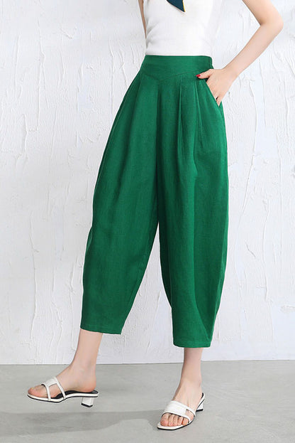 White Linen Wide Leg Pants - Casual Elastic Waist Loose Fit 3514