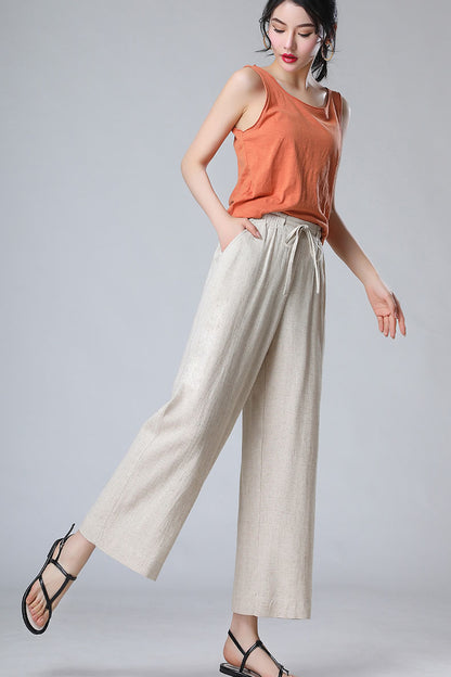 Brown Linen Wide Leg Pants - Elastic Waist, Loose Fit 3520