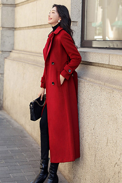 Red Wool Blend Long Coat - Double Breasted and Belted 3190