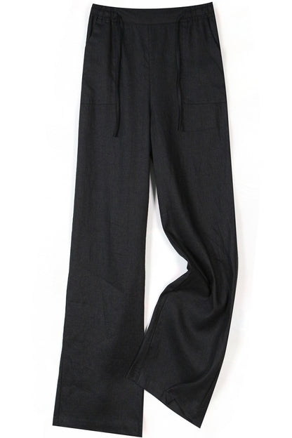 Rust Brown Linen Wide Leg Pants - Elastic Waist, Side Pockets 3506