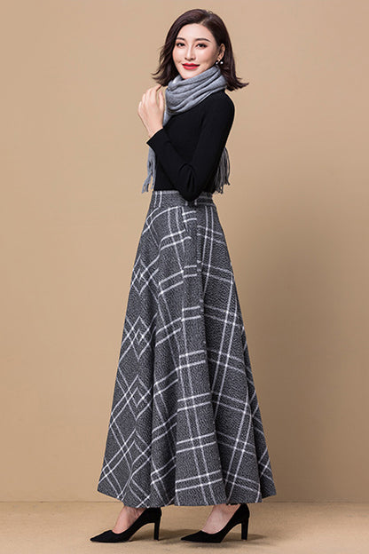 Black & White Wool Vintage-Inspired Ankle-Length Full Skirt 3795