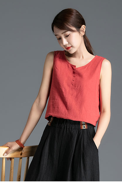 Linen V-Neck Tank Top - High Low Hem Sleeveless Summer | Xiaolizi 3407
