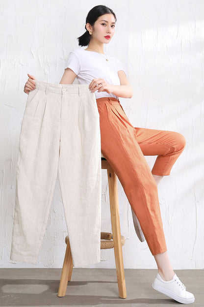 Rust Brown Linen Casual Pants - Loose Fit, Elastic Waist 3512