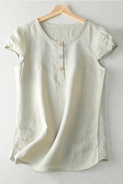 Apricot Linen Short Sleeve Top - Front Button Closure 3653
