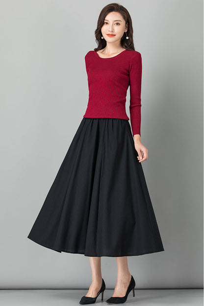 Brown Linen Skirt - Elastic Waist A-Line Maxi Skirt 4107