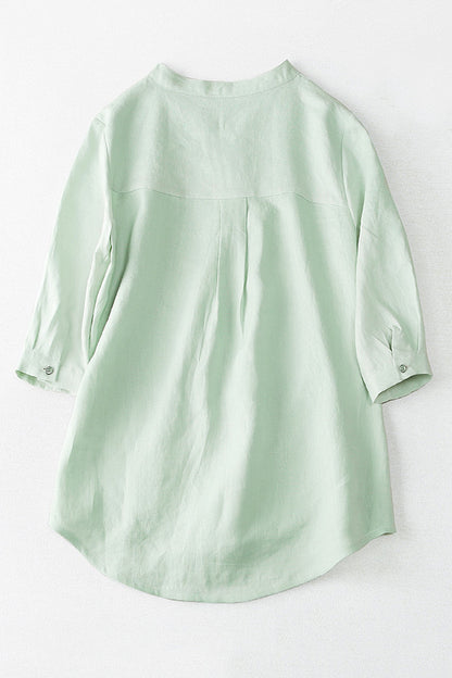Light Green Linen V-Neck Top - Loose Fit with Pocket 3661