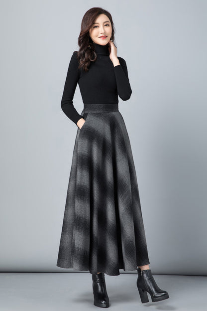 Black Wool Blend Maxi Skirt - Full Flowy Silhouette with Pockets 3806