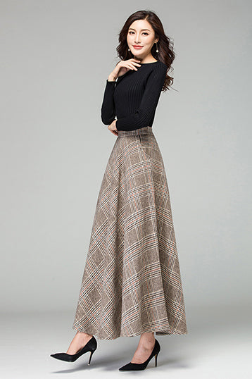 Plaid Wool A-Line Maxi Skirt - Elastic Waist, Fully Lined 3926