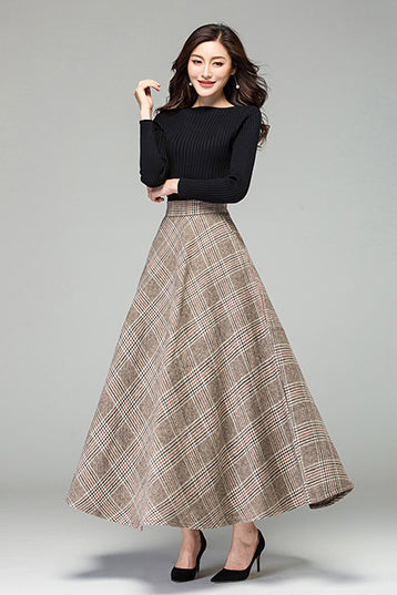 Plaid Wool A-Line Maxi Skirt - Elastic Waist, Fully Lined 3926
