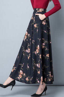 Black Floral Linen Skirt - High Waist A-Line Maxi Skirt 4111