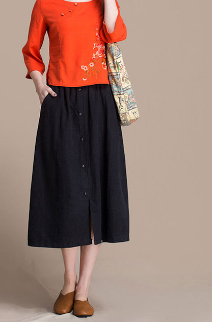 Black Linen Midi Skirt - A-Line Silhouette with Button Front J084-4