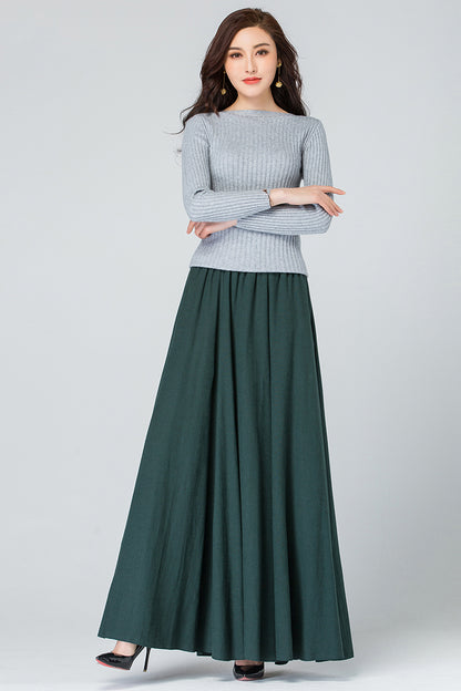 Emerald Green Linen Cotton Maxi Skirt - Pleated, Elastic Waist 4089