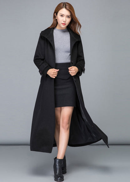 Black Wool Maxi Coat - Stand Collar Fit and Flare Silhouette 2478