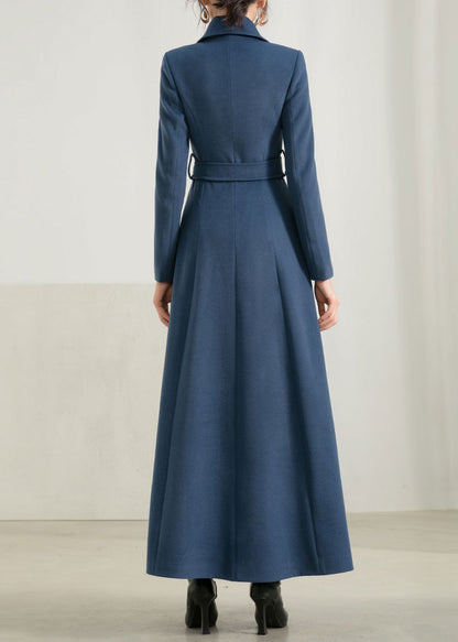 Blue Wool Maxi Coat - Fit and Flare Silhouette with Belt 2949