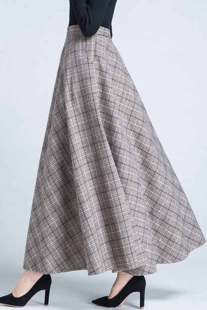 Beige Wool Swing Maxi Skirt - Elastic Waist Plaid Elegance 3936