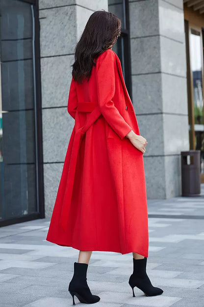 Red Wool Coat – Handmade Long Double Breasted Belted Winter Overcoat for Women 3975