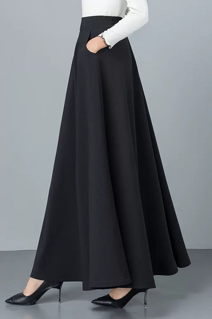 Black Cotton Blend A-Line Long Skirt - Back Elastic Waist 4092