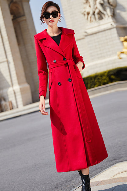 Red Wool Maxi Coat - Double Breasted with Tie Belt Waist 3194