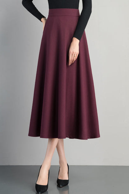 Burgundy Cotton Blend A-Line Midi Skirt - Back Elastic Waist 4102