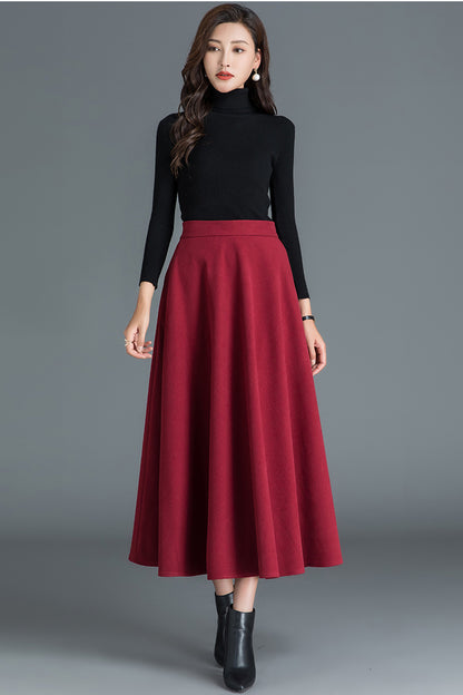 Wine Red Women Long Wool Skirt 3789