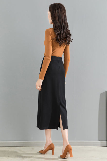 Women Black Long Wrap Skirt 4093