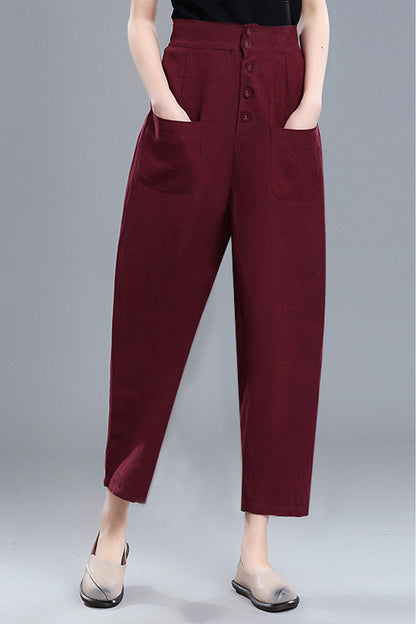 Wine Red Linen Cotton Wide Leg Pants - Vintage High Waist 3670