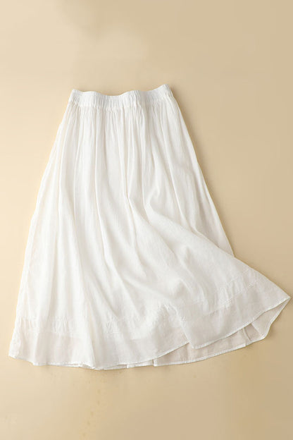 White Linen Maxi Skirt - Elastic Waist A-Line Flowing Design 3590