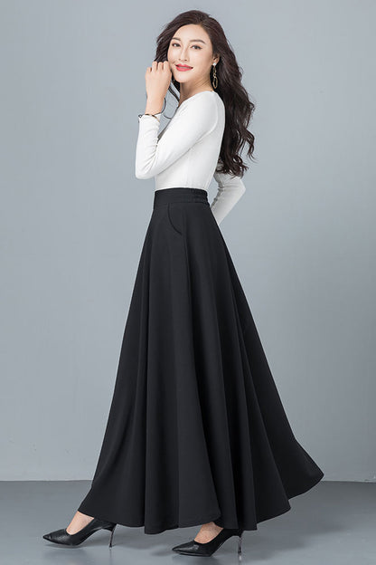 Black Cotton Blend A-Line Long Skirt - Back Elastic Waist 4092