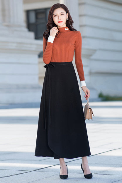 Black Cotton Blend A-Line Maxi Skirt - High Waist Wrap with Belt 40