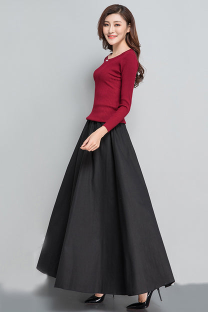 Emerald Green Linen Cotton Maxi Skirt - Pleated, Elastic Waist 4089