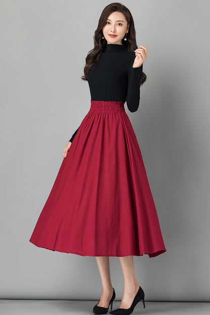 Emerald Green Linen Midi Skirt - High Waist Pleated Casual Style 4103