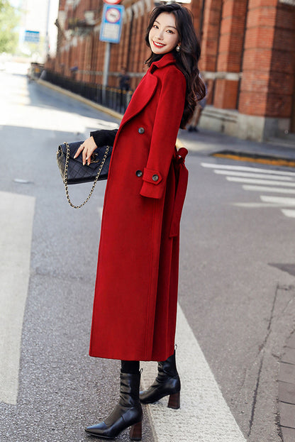 Red Wool Blend Long Coat - Double Breasted and Belted 3190