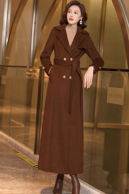 Black Wool Coat – Long Double Breasted Belted Winter Overcoat for Women 3970