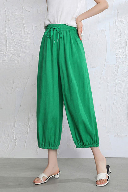 Brown Linen Wide Leg Pants - Elastic Waist and Casual Fit 3519