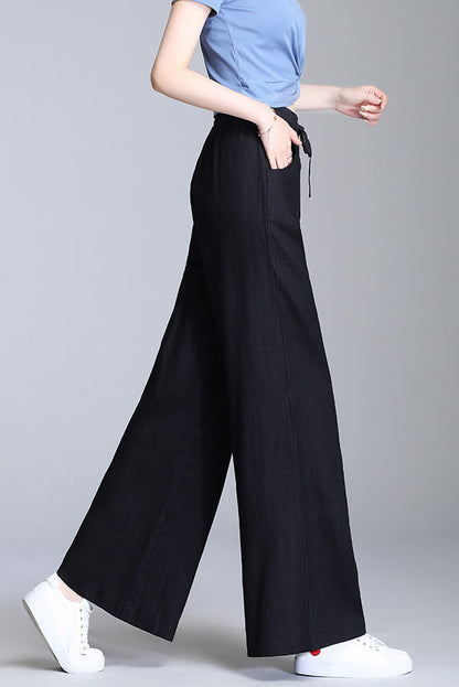 Light Grey Linen Wide Leg Pants - Elastic Waist, Belted Detail 3525