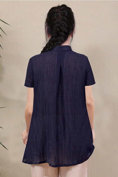 Dark Blue Women Summer Asymmetrical Shirt Linen Tops 3678