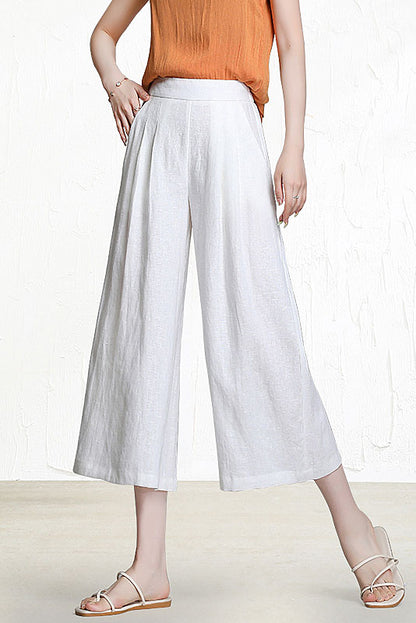 Yellow Linen Wide Leg Pants - Back Elastic Waist, Front Pockets 3523