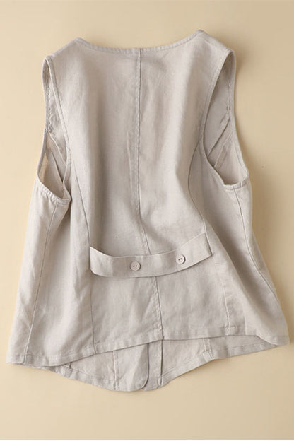 Beige Linen Sleeveless Vest - Casual Loose Fit 3599