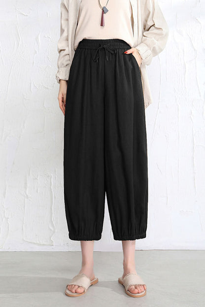 Brown Linen Wide Leg Pants - Elastic Waist and Casual Fit 3519