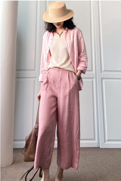 Pink Linen Wide Leg Pants - Elastic Waist, Casual Comfort 3508