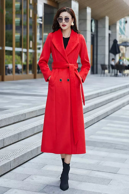 Red Wool Coat – Handmade Long Double Breasted Belted Winter Overcoat for Women 3975