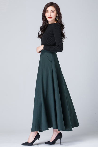 Dark Green Linen A-Line Maxi Skirt - High Waist with Side Pockets 4114