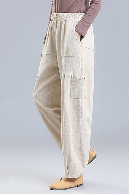Beige Linen Wide Leg Pants - Elastic Waist, Four Pockets 3667