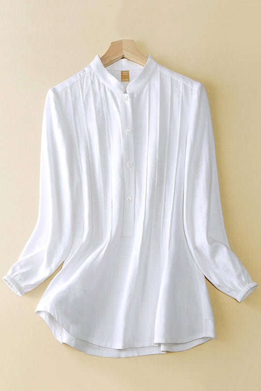 White Linen Women Summer Long Sleeve Shirt Tops 3655