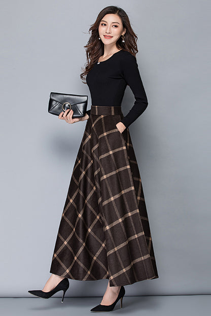 Brown Wool A-Line Maxi Skirt - High Waist with Pockets 3792