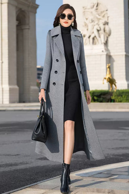 Handmade Gray Wool Coat – Elegant Double-Breasted Belted Long Overcoat | Xiaolizi 3982