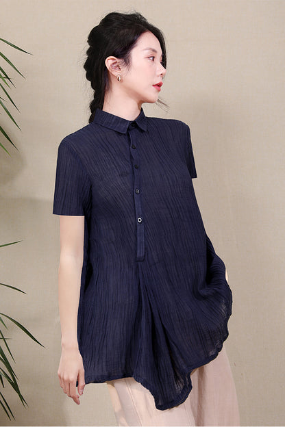 Dark Blue Women Summer Asymmetrical Shirt Linen Tops 3678