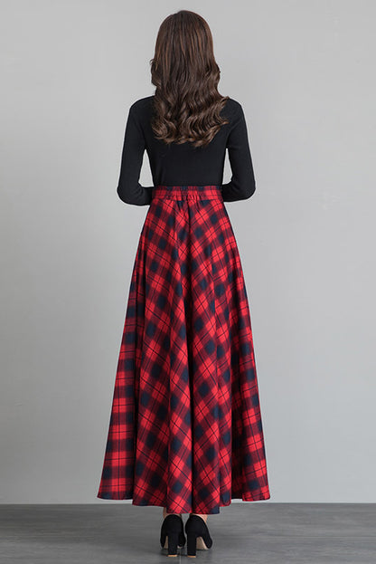 Red Wool Plaid Maxi Skirt - Full Flowy Ankle Length 3921