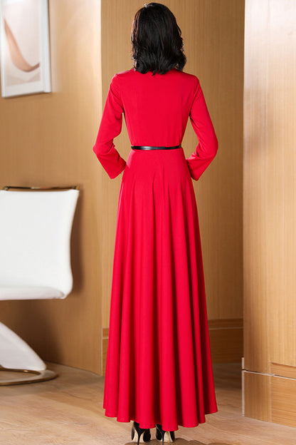 Red Polyester Maxi Dress - Fit and Flare V-Neck with High Waist 3199